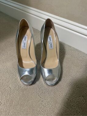 Jimmy Choo Metallic Silver Peep-Toe Heels
